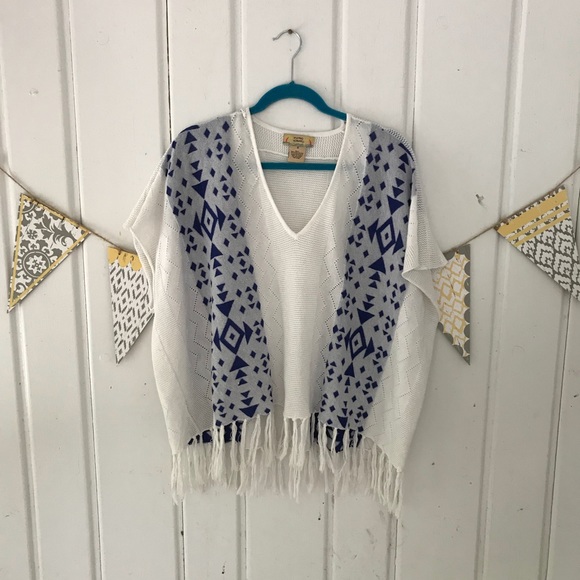 Flying Tomato Sweaters - Flying Tomato White & Blue Fringe Sweater Poncho
